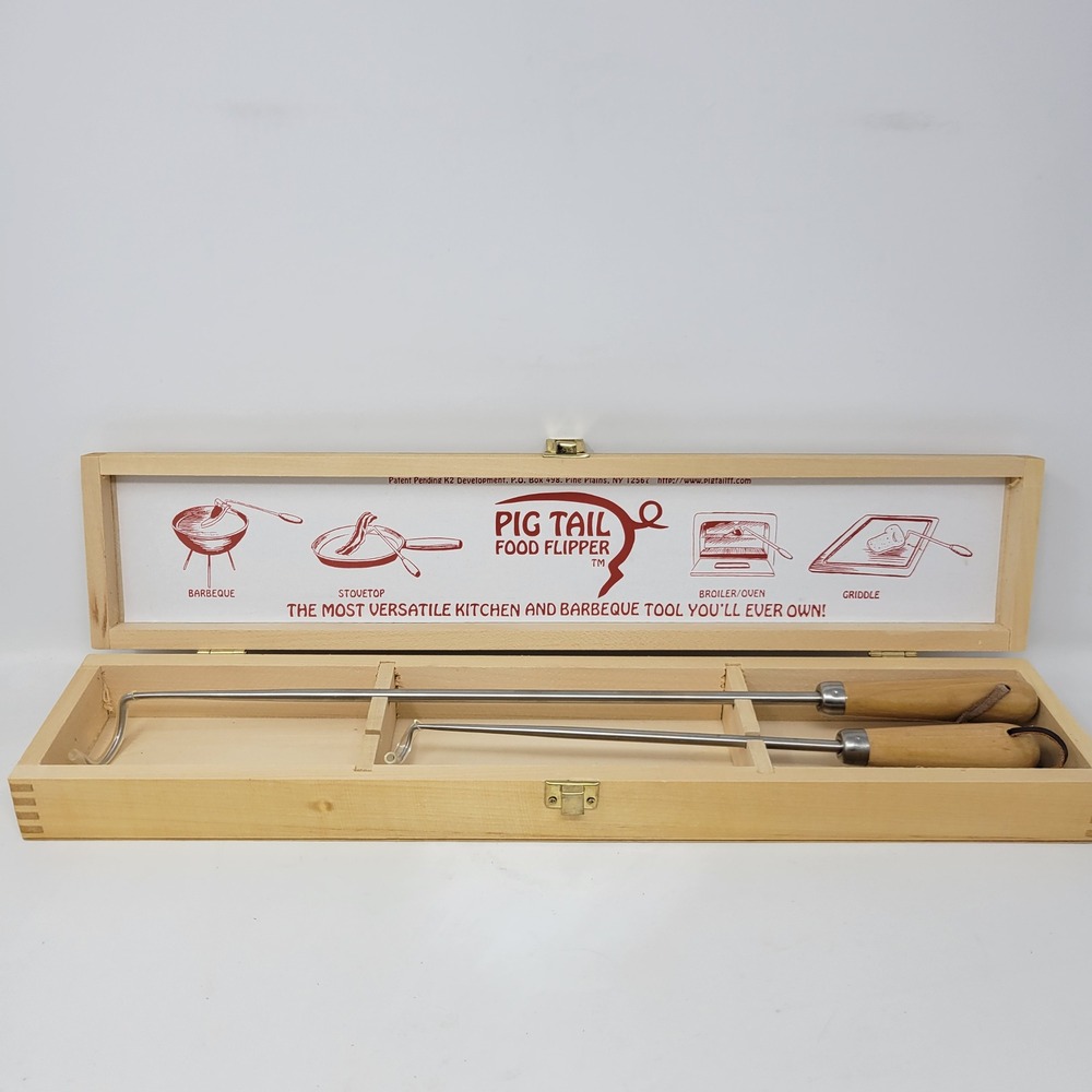 Pig Tail Food Flipper 2 Piece Set with Wooden‎ Storage Box BBQ Grilling Tools